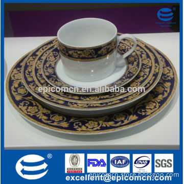 For Mid-East market, manufactures of dishes to restaurant, super white ceramic plate with royal golden design